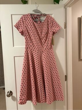 Pink Polka Dot Midi Dress with Short Sleeves